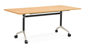 Rapidline Typhoon flip top table in Beech on a black powdercoat frame with polished aluminium. Rapidline range image supplied for model TFT126 B. View 1.