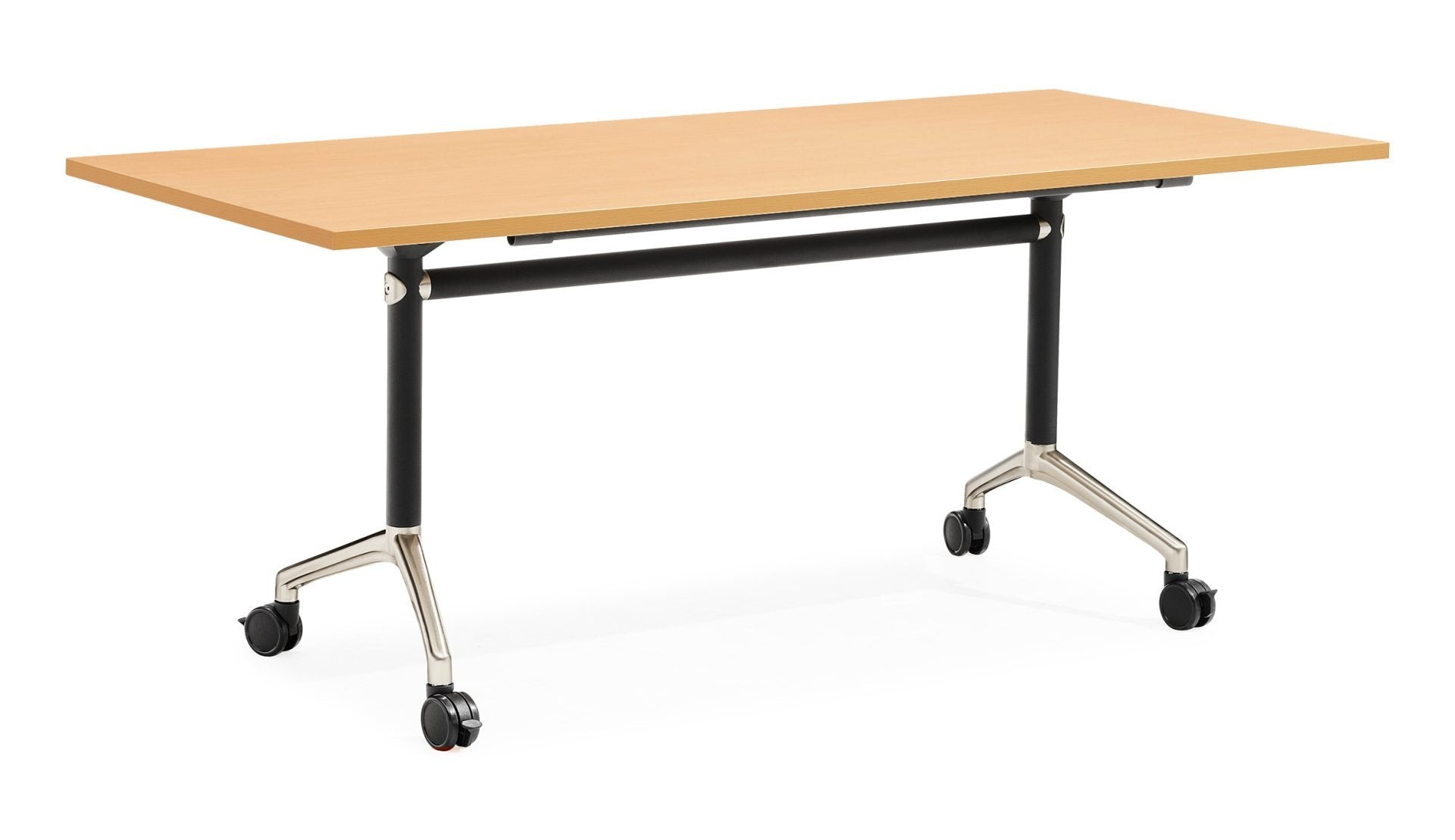 Rapidline Typhoon flip top table in Beech on a black powdercoat frame with polished aluminium. Rapidline range image supplied for model BTFT126 B/BL-BK. View 1.