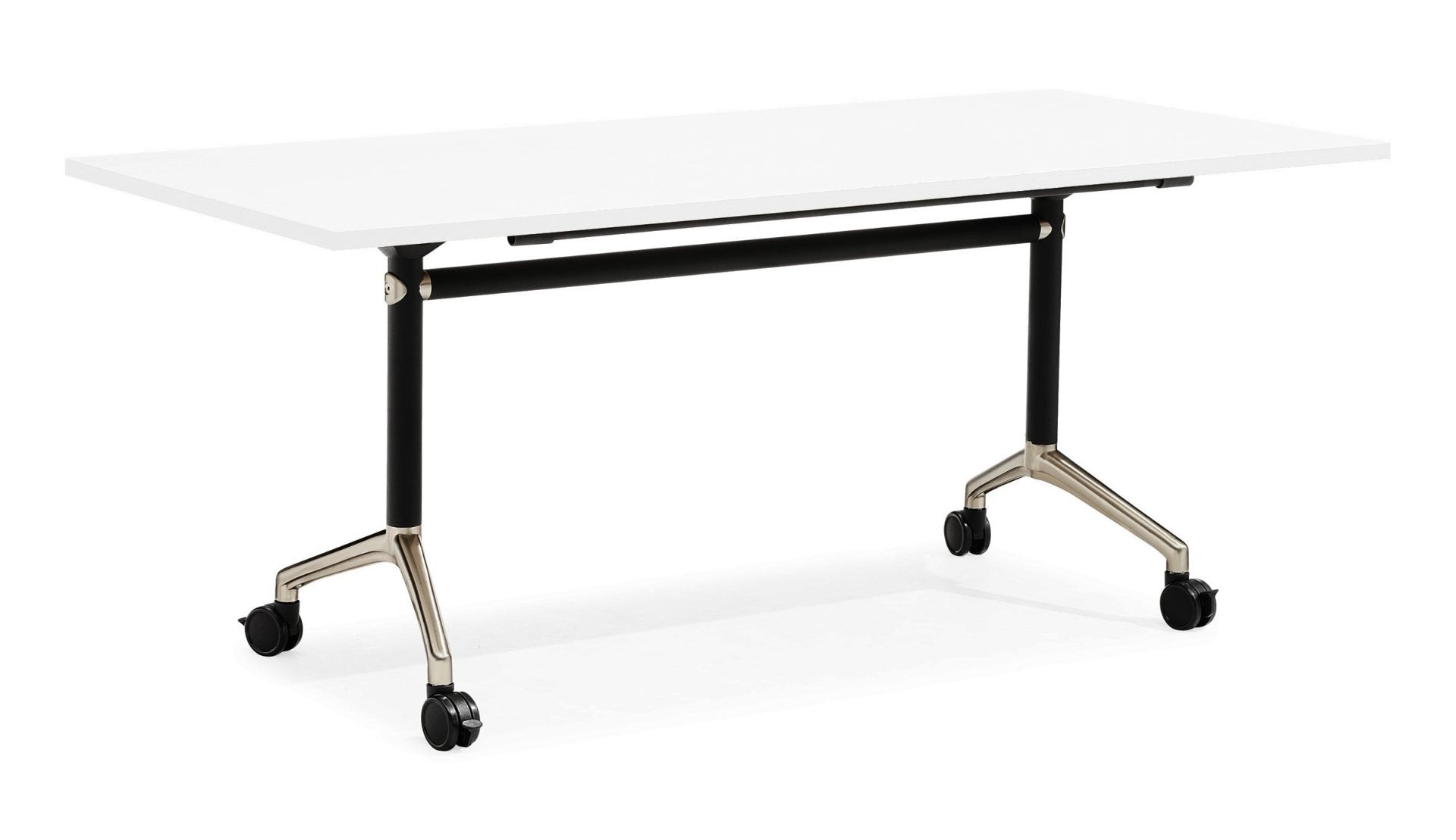 Rapidline Typhoon flip top table in Natural White on a black powdercoat frame with polished aluminium. Rapidline range image supplied for model BTFT2175 NW/BL-BK. View 1.