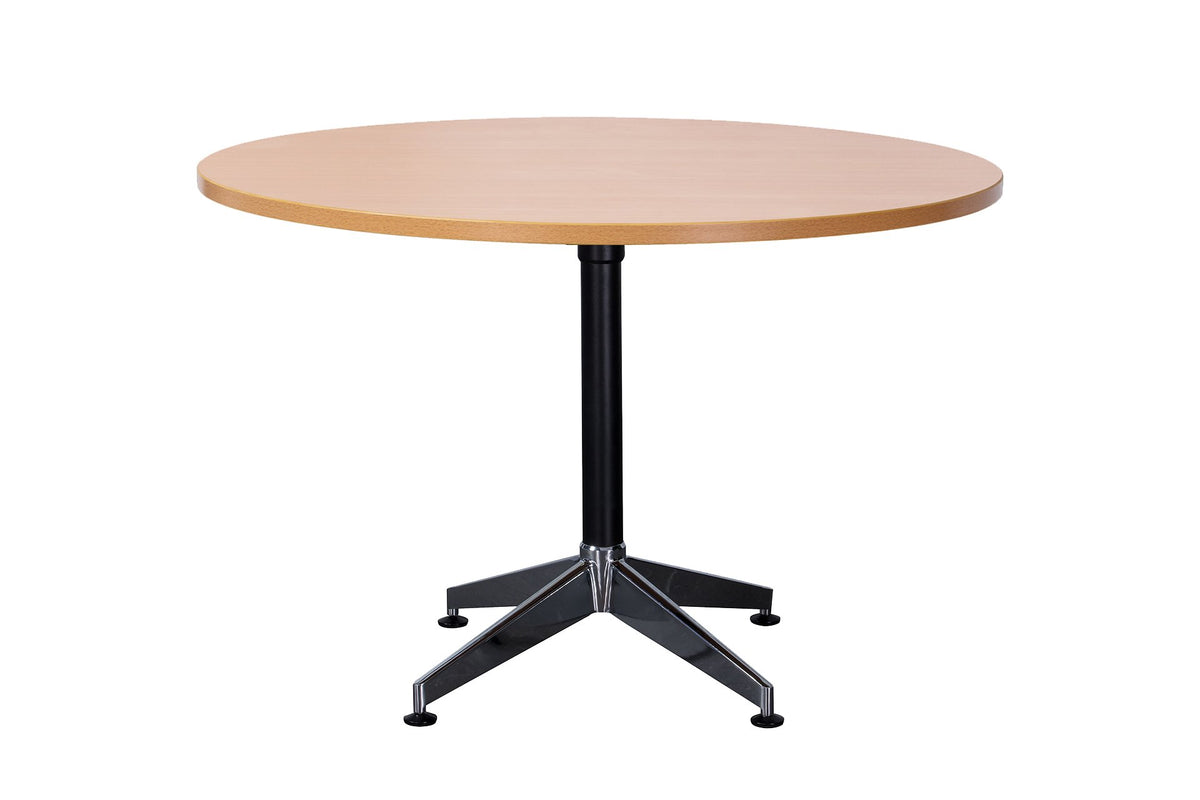 Rapidline Typhoon four star round meeting table in Beech on a black powdercoat frame with a chrome foot. Rapidline range image supplied for model BTTR900 B/BL-BK. View 2.