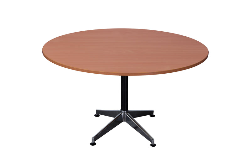 Rapidline Typhoon four star round meeting table in Cherry on a black powdercoat frame with a chrome foot. Rapidline range image supplied for model BTTR900 C/BL-BK. View 2.