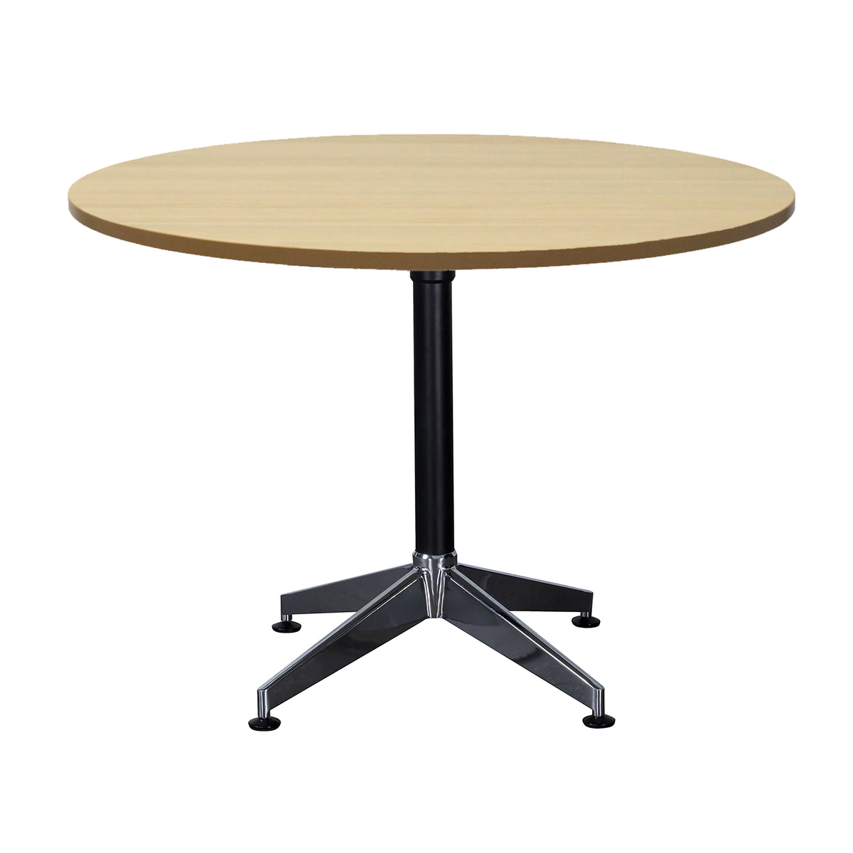 Rapidline Typhoon four star round meeting table in Natural Oak on a black powdercoat frame with a chrome foot. Rapidline range image supplied for model BTTR1200 NO/BL-BK. View 2.