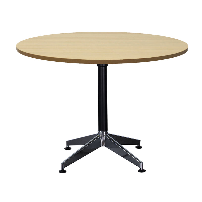 Rapidline Typhoon four star round meeting table in Natural Oak on a black powdercoat frame with a chrome foot. Rapidline range image supplied for model BTTR900 NO/BL-BK. View 2.