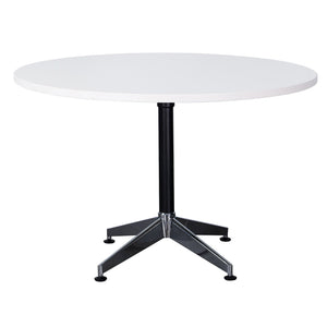 Rapidline Typhoon four star round meeting table in Natural White on a black powdercoat frame with a chrome foot. Supplied product image for model TTR1200 NW. View 1.