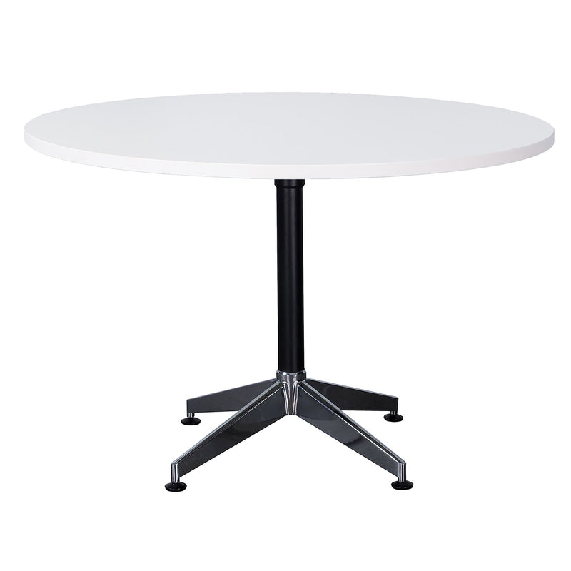 Rapidline Typhoon four star round meeting table in Natural White on a black powdercoat frame with a chrome foot. Rapidline range image supplied for model BTTR1500 NW/BL-BK. View 2.
