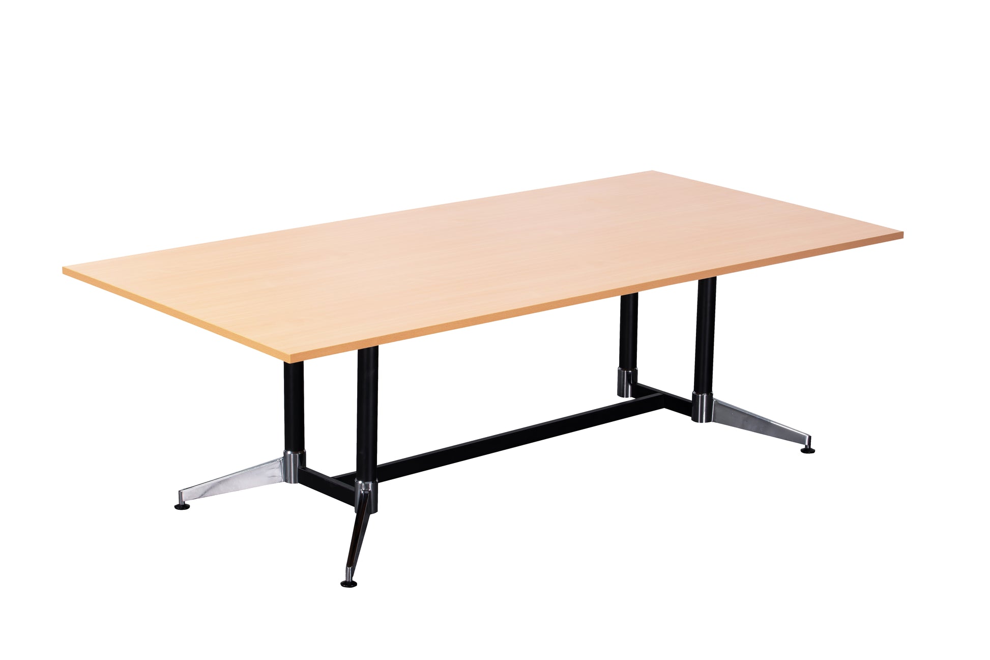 Rapidline Typhoon meeting and boardroom table in Beech on a black powdercoat frame with a chrome foot. Rapidline range image supplied for model BTTR1575 B/BL-BK. View 1.