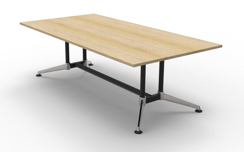 Rapidline Typhoon meeting and boardroom table in Natural Oak on a black powdercoat frame with a chrome foot. Rapidline range image supplied for model BTTR2412 NO/BL-BK. View 1.