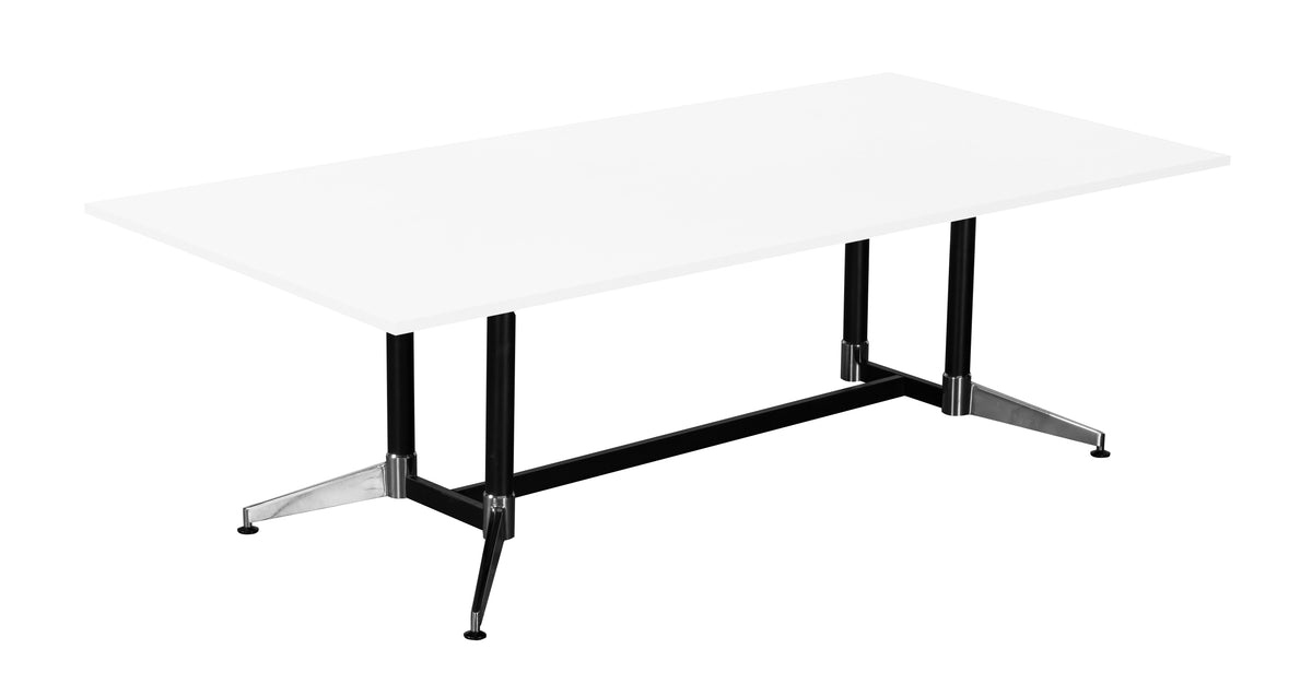 Rapidline Typhoon meeting and boardroom table in Natural White on a black powdercoat frame with a chrome foot. Rapidline range image supplied for model TTR1575 NW BL/CHR. View 2.