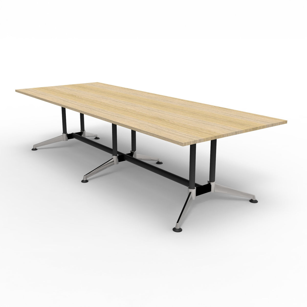 Rapidline Typhoon meeting and boardroom table in Natural Oak on a black powdercoat frame with a chrome foot. Rapidline range image supplied for model BTTR2412 NO/BL-BK. View 3.