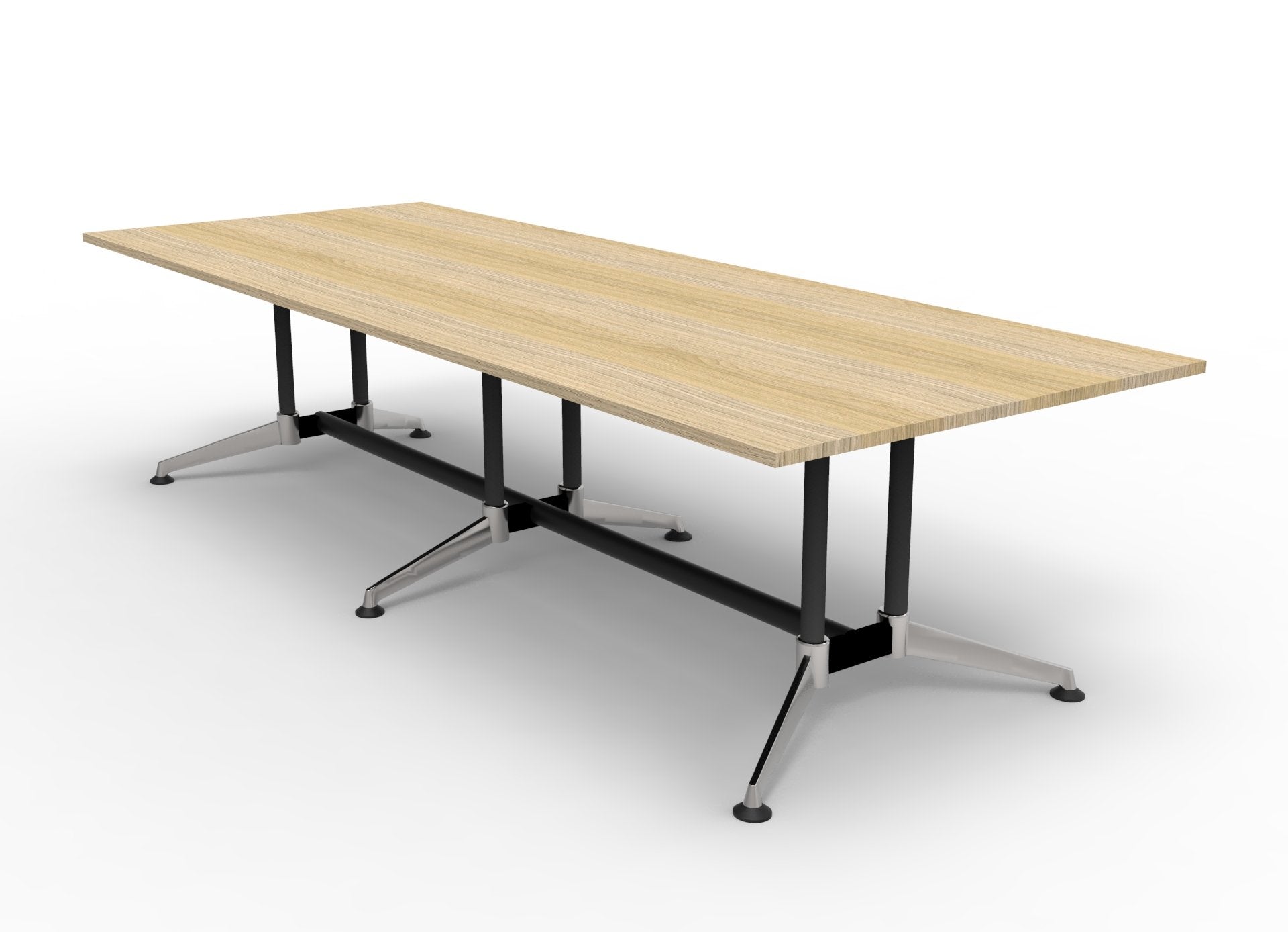 Rapidline Typhoon meeting and boardroom table in Natural Oak on a black powdercoat frame with a chrome foot. Rapidline range image supplied for model TTR4012 NO BL/CHR. View 1.