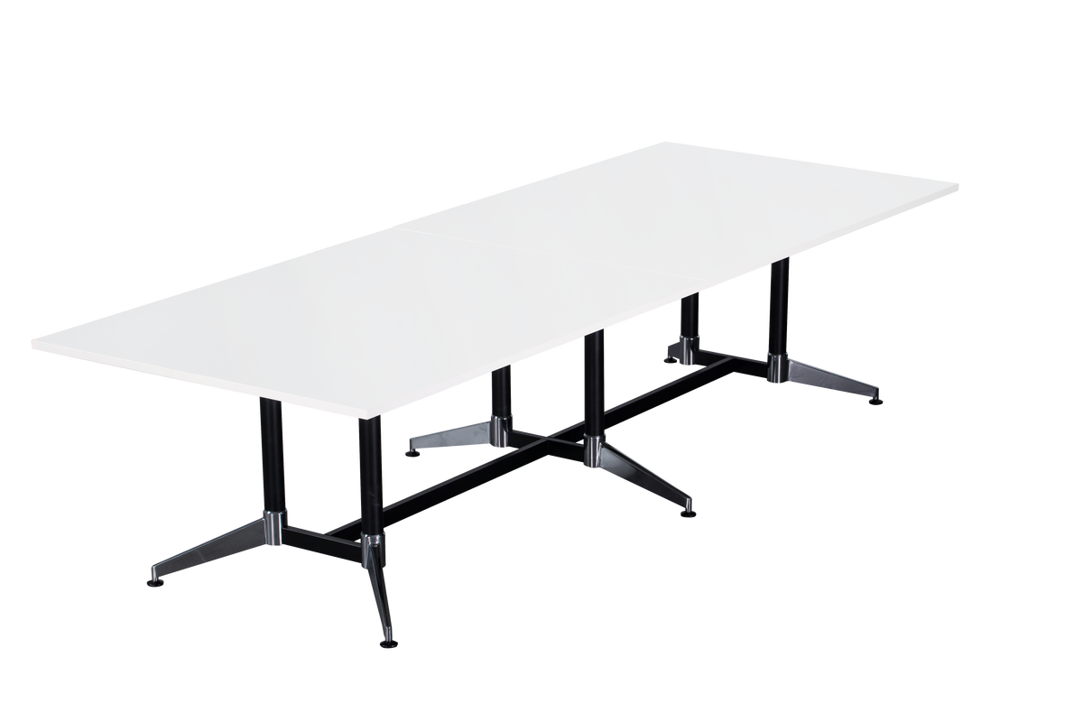 Rapidline Typhoon meeting and boardroom table in Natural White on a black powdercoat frame with a chrome foot. Rapidline range image supplied for model TTR1575 NW BL/CHR. View 1.