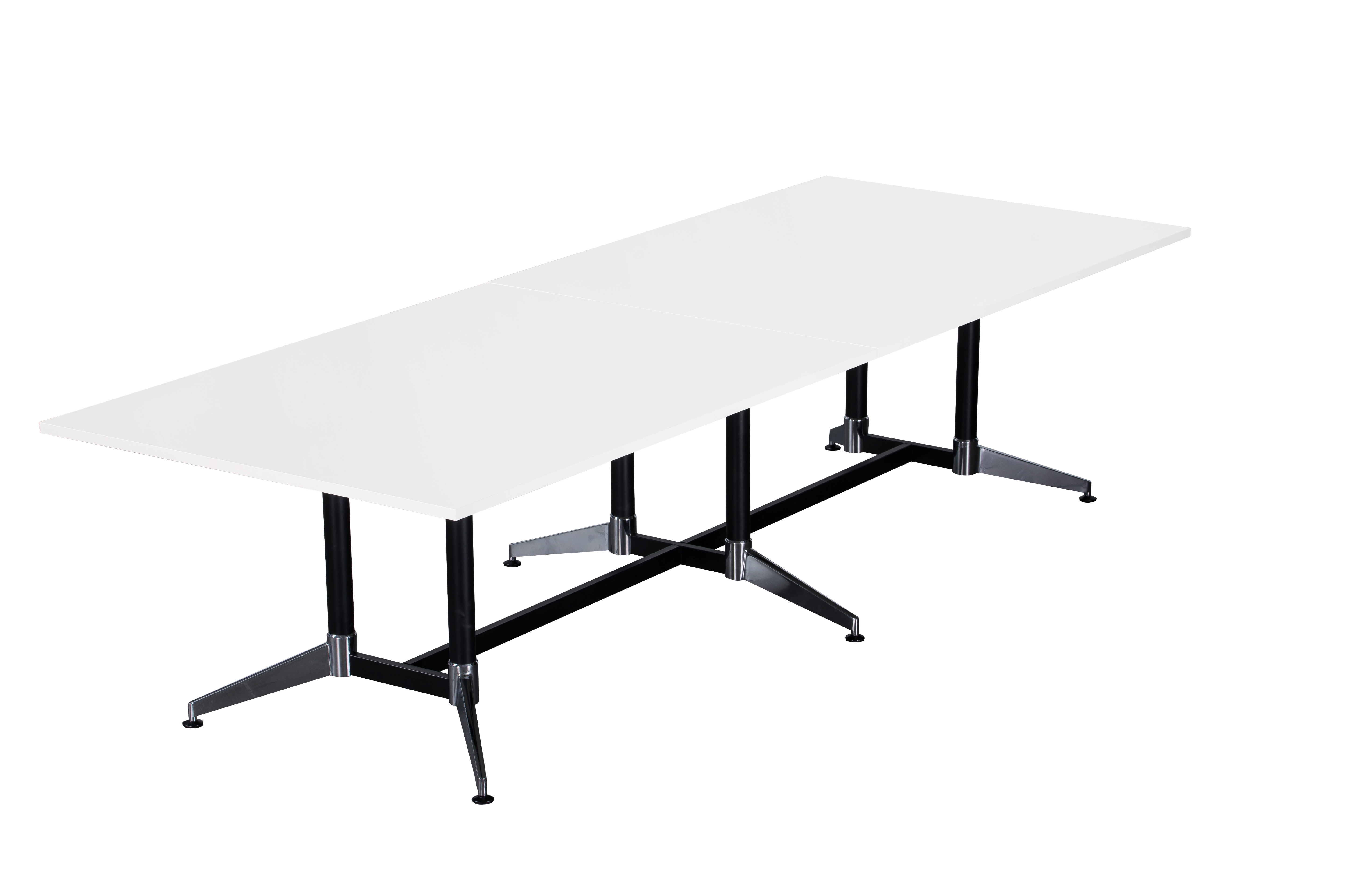 Rapidline Typhoon meeting and boardroom table in Natural White on a black powdercoat frame with a chrome foot. Rapidline range image supplied for model TTR4012 NW BL/CHR. View 1.