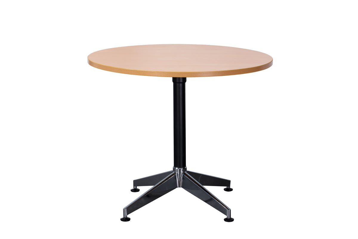 Rapidline Typhoon four star round meeting table in Beech on a black powdercoat frame with a chrome foot. Rapidline range image supplied for model BTTR900 B/BL-BK. View 1.