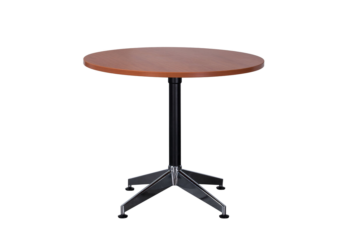 Rapidline Typhoon four star round meeting table in Cherry on a black powdercoat frame with a chrome foot. Rapidline range image supplied for model BTTR1200 C/BL-BK. View 1.