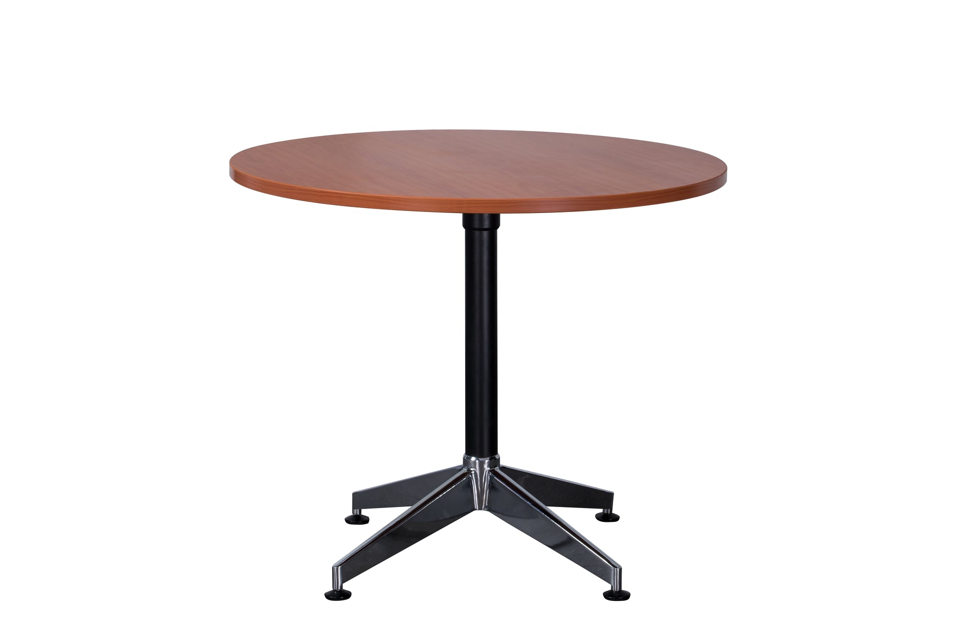 Rapidline Typhoon four star round meeting table in Cherry on a black powdercoat frame with a chrome foot. Rapidline range image supplied for model BTTR900 C/BL-BK. View 1.