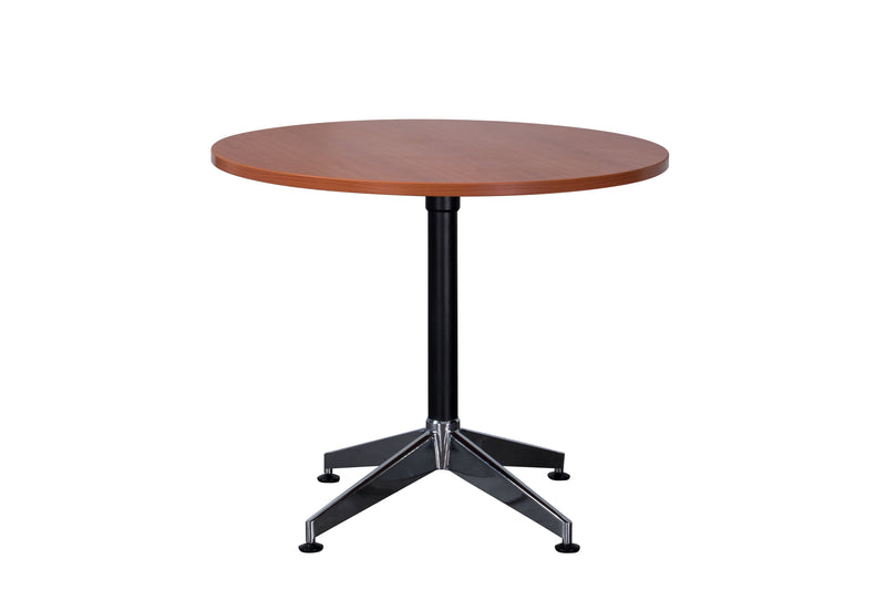 Rapidline Typhoon four star round meeting table in Cherry on a black powdercoat frame with a chrome foot. Rapidline range image supplied for model BTTR900 C/BL-BK. View 1.
