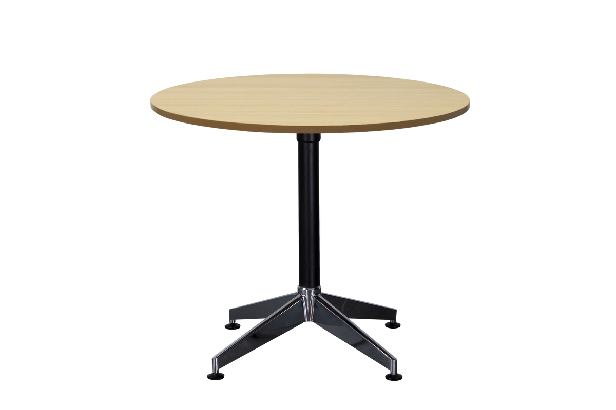 Rapidline Typhoon four star round meeting table in Natural Oak on a black powdercoat frame with a chrome foot. Rapidline range image supplied for model TTR1500 NO. View 1.