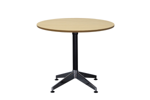 Rapidline Typhoon four star round meeting table in Natural Oak on a black powdercoat frame with a chrome foot. Supplied product image for model TTR900 NO. View 1.