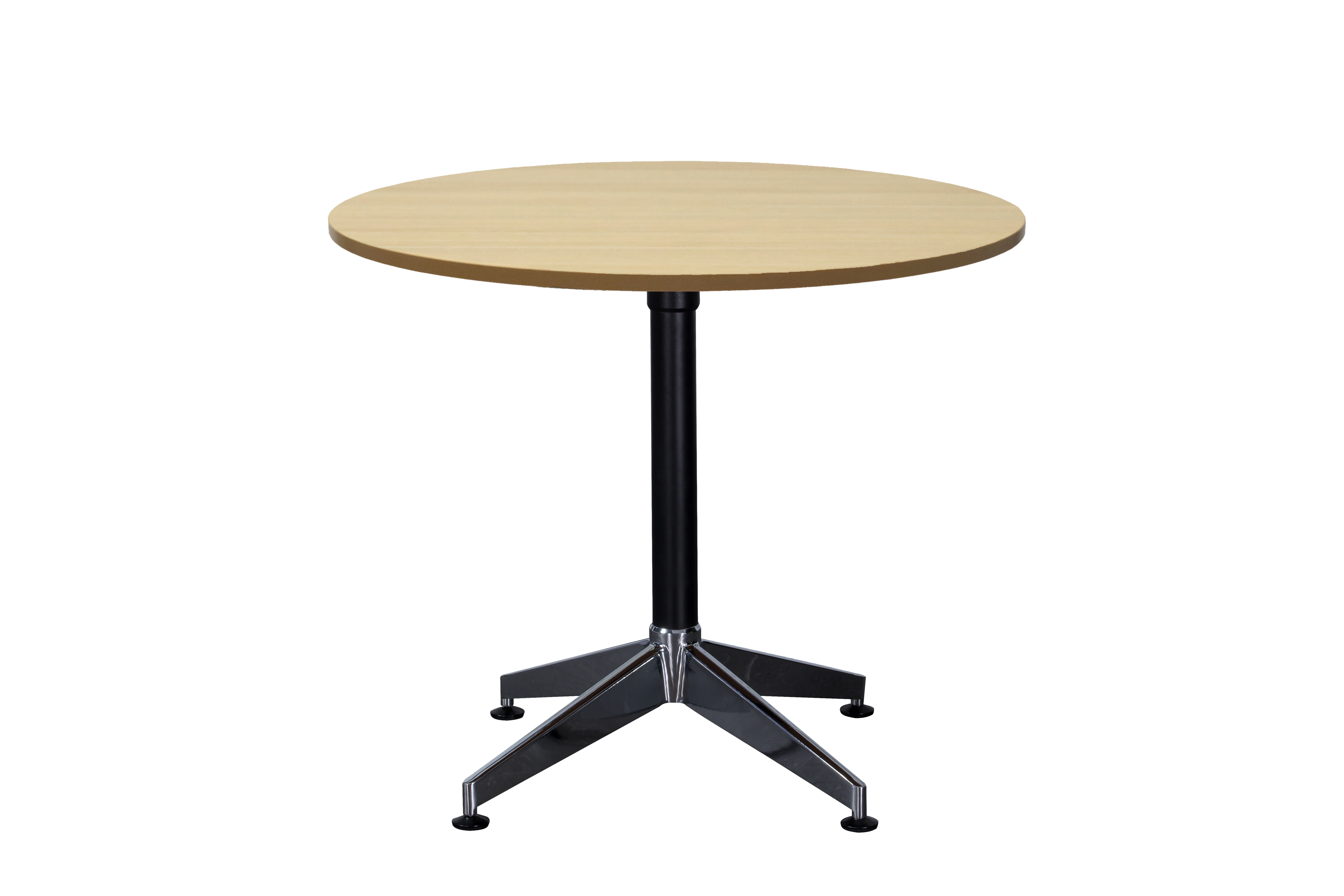 Rapidline Typhoon four star round meeting table in Natural Oak on a black powdercoat frame with a chrome foot. Supplied product image for model TTR900 NO. View 1.