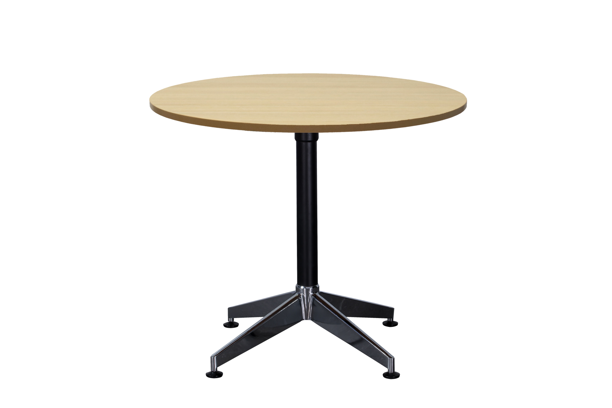 Rapidline Typhoon four star round meeting table in Natural Oak on a black powdercoat frame with a chrome foot. Rapidline range image supplied for model BTTR900 NO/BL-BK. View 1.