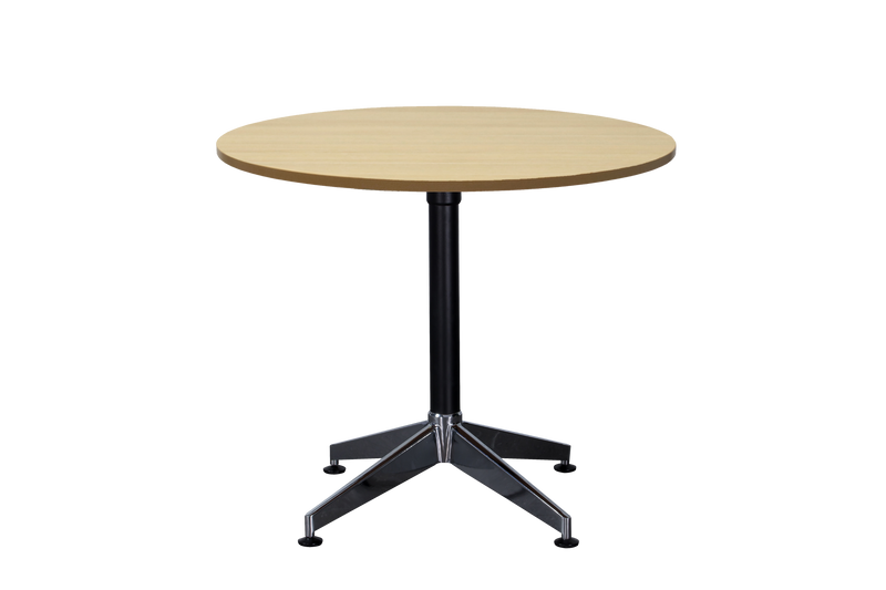 Rapidline Typhoon four star round meeting table in Natural Oak on a black powdercoat frame with a chrome foot. Rapidline range image supplied for model BTTR900 NO/BL-BK. View 1.