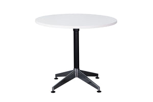 Rapidline Typhoon four star round meeting table in Natural White on a black powdercoat frame with a chrome foot. Supplied product image for model TTR900 NW. View 1.
