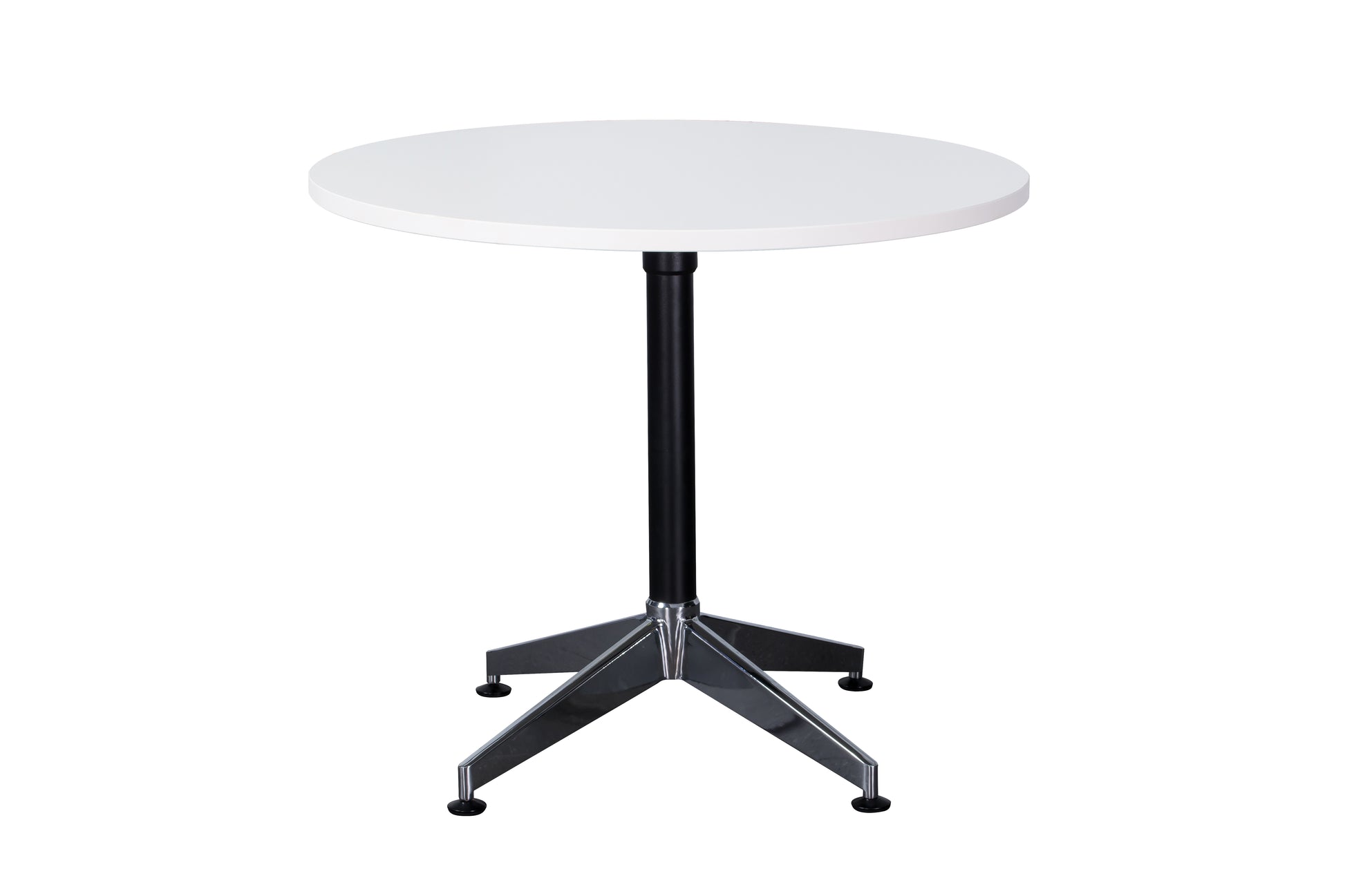 Rapidline Typhoon four star round meeting table in Natural White on a black powdercoat frame with a chrome foot. Rapidline range image supplied for model BTTR1500 NW/BL-BK. View 1.