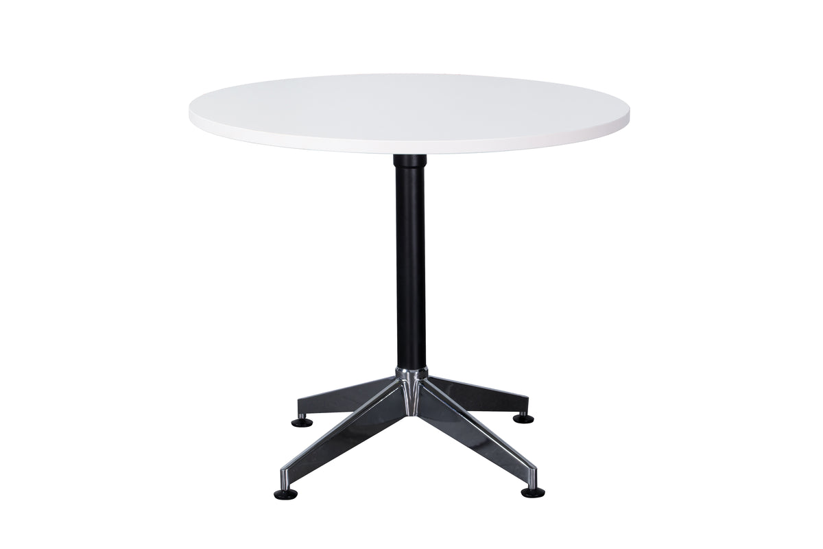 Rapidline Typhoon four star round meeting table in Natural White on a black powdercoat frame with a chrome foot. Rapidline range image supplied for model BTTR1500 NW/BL-BK. View 1.