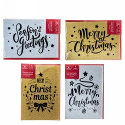 Christmas Cards Glitter Film Foil Assorted 10.5cm x 15cm Pack of 6