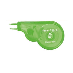Single green DryLine Mini correction tape dispenser with Paper Mate and Liquid Paper logos, shown side on with the tape tip pointing left