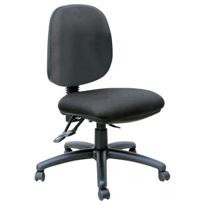 Mondo Java Mid Back chair in black fabric, front three quarter view showing the levers under the seat and the 5 star base