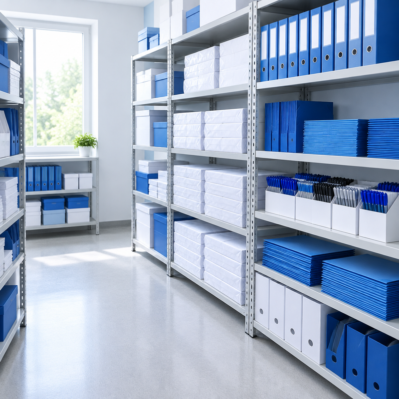 Office supply storeroom stocked with copy paper, folders and pens