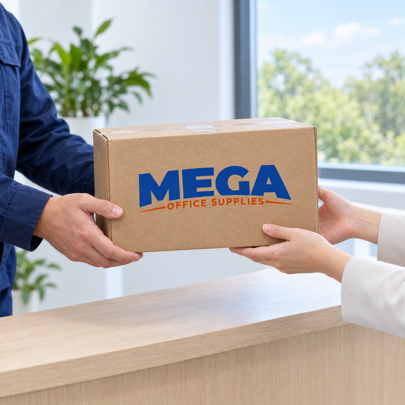 Mega Office Supplies branded box being handed over at an office reception desk