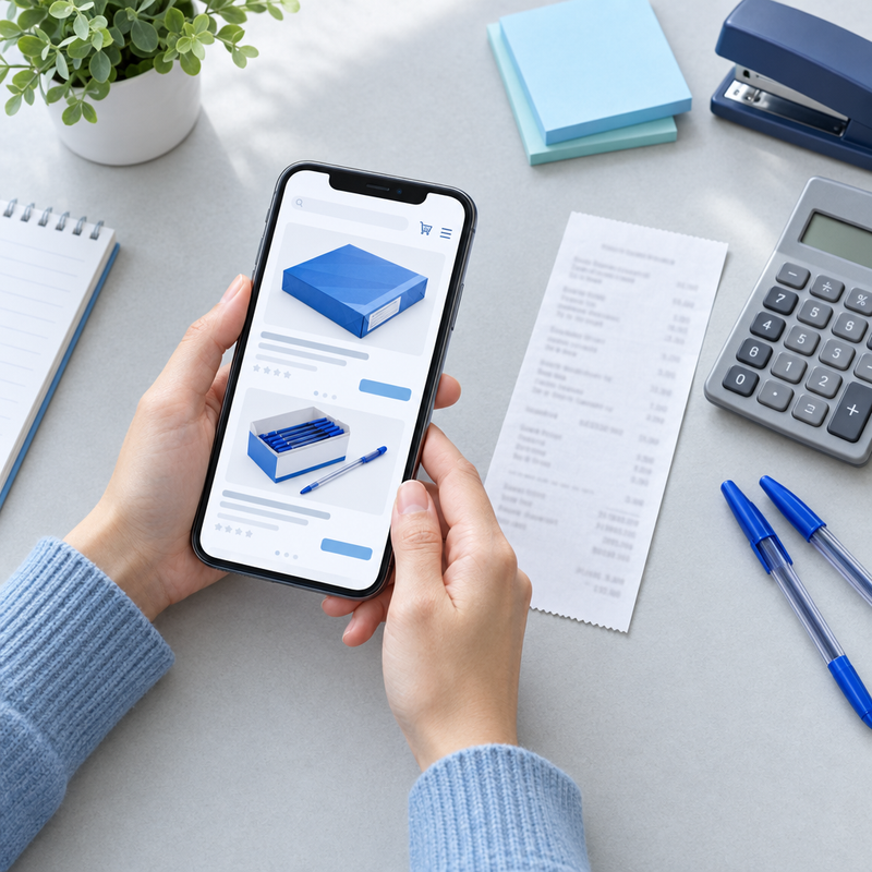Comparing office supply prices on a phone beside a receipt and calculator