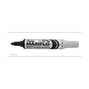 Pentel Maxiflo whiteboard marker in black shown side on with the bullet tip on the left, barrel printed Push Button Type, Bullet Point and White Board Marker, and a grey end cap