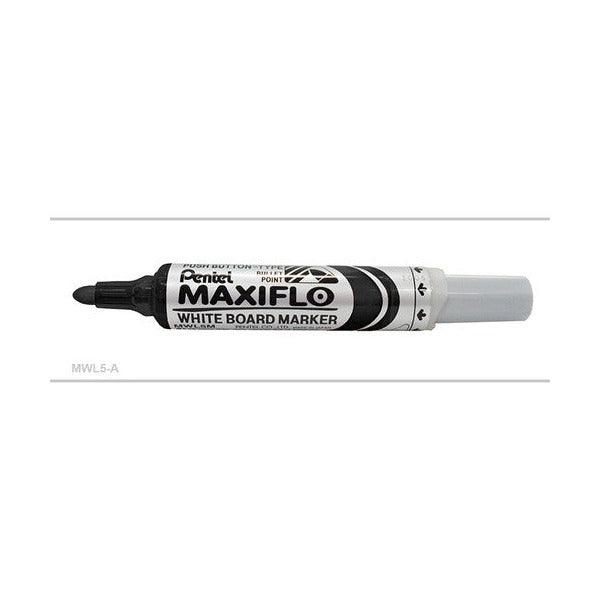 Pentel Maxiflo whiteboard marker in black shown side on with the bullet tip on the left, barrel printed Push Button Type, Bullet Point and White Board Marker, and a grey end cap