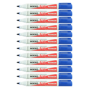 A line-up of Nikko Oil Marker bullet tip markers with blue caps and white barrels