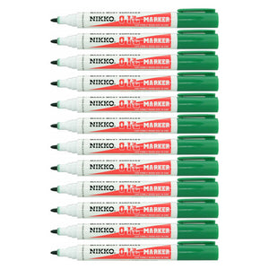 A line-up of Nikko Oil Marker bullet tip markers with green caps and white barrels