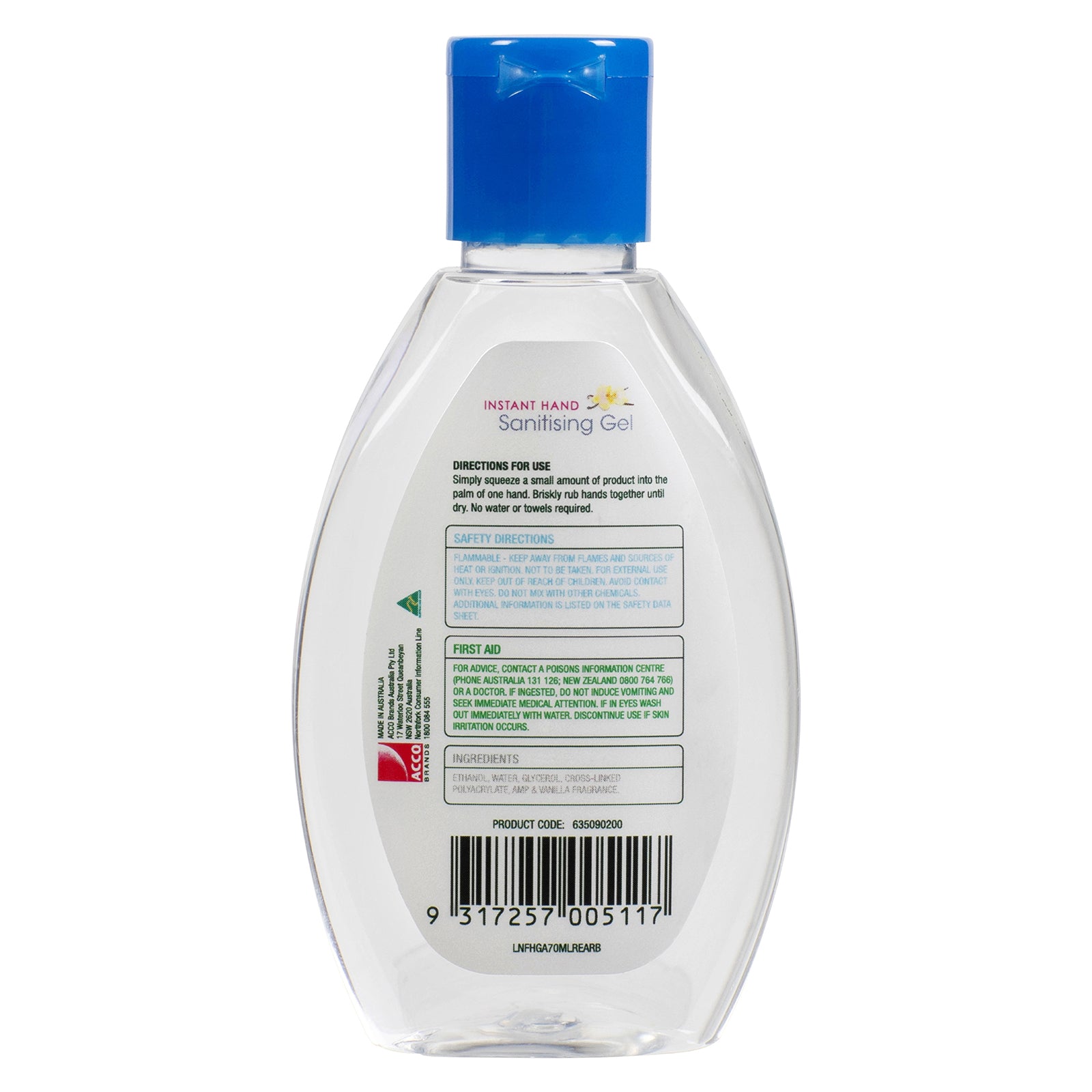 Rear view of the Northfork Instant Hand Sanitising Gel 70ml bottle displaying directions for use, safety information, ingredients and barcode. The image provides customers with complete product and usage information.