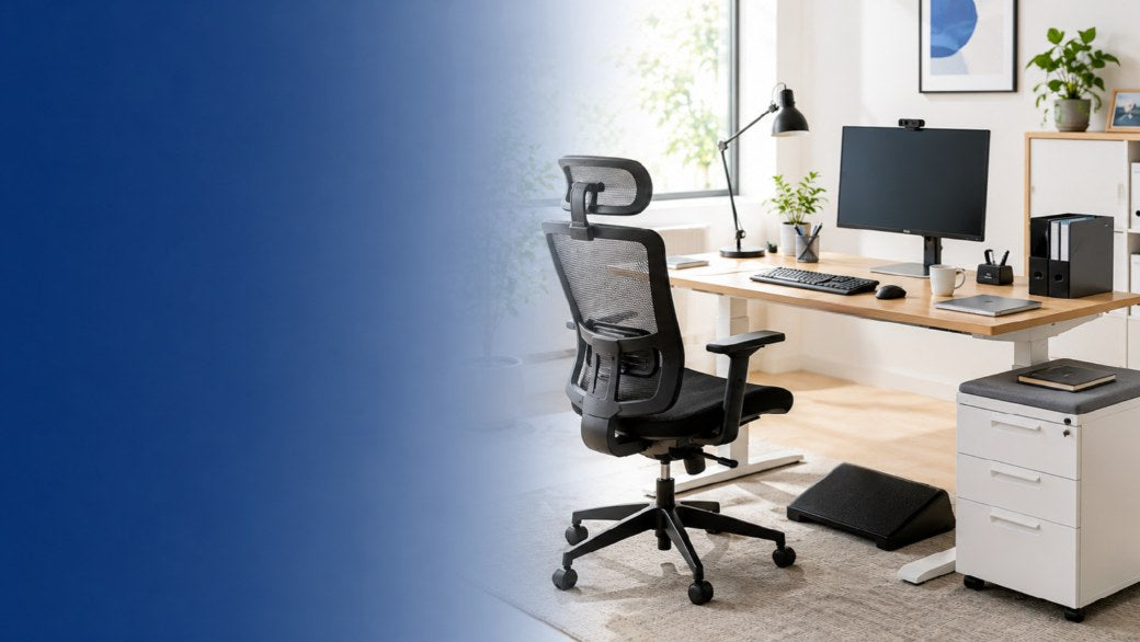 Office furniture deals banner showing an ergonomic chair at a desk with a filing pedestal