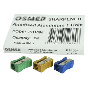 Osmer anodised aluminium 1 hole sharpener box of 24, white box labelled PS1004 with green, gold and blue sharpeners in front