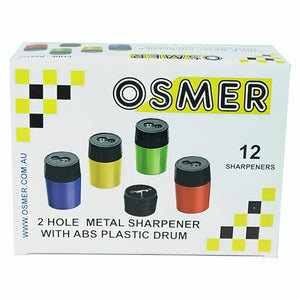 Osmer 2 hole ABS plastic drum sharpener printed box of 12, front panel picturing solid coloured drums with black tops