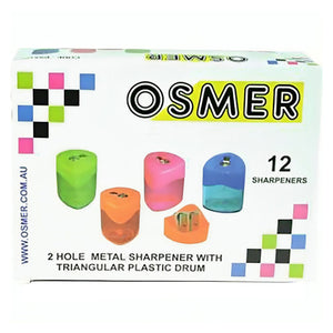 Osmer 2 hole triangular drum sharpener printed box of 12, front panel picturing tinted sharpeners