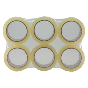 Osmer clear packing tape 48mm x 75m, pack of 6 rolls shrink wrapped together in two rows of three, top view