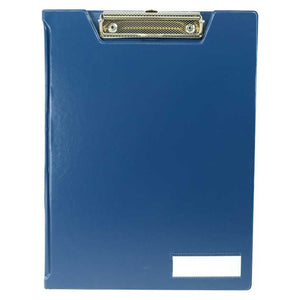 Osmer A4 clip folder in blue shown closed from the front, with the metal clip at the top and a white label panel on the cover