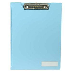 Osmer A4 clip folder in light blue shown closed from the front, with the metal clip at the top and a white label panel on the cover
