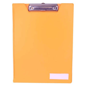 Osmer A4 clip folder in orange shown closed from the front, with the metal clip at the top and a white label panel on the cover