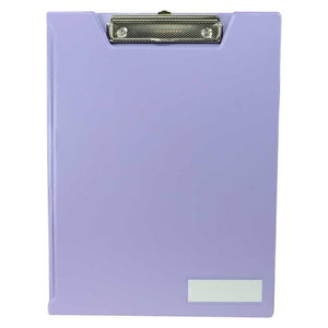 Osmer A4 clip folder in purple shown closed from the front, with the metal clip at the top and a white label panel on the cover
