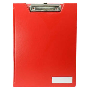 Osmer A4 clip folder in red shown closed from the front, with the metal clip at the top and a white label panel on the cover