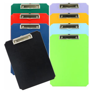 Osmer A4 clipboards in assorted colours fanned out: green, red, navy, black, lilac, yellow, light blue and lime green, each with a metal clip